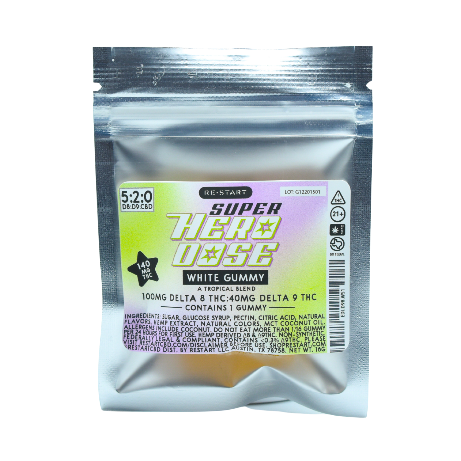 Super Hero Dose Delta 9 THC 40mg + Delta 8 100mg Gummies White 1-ct